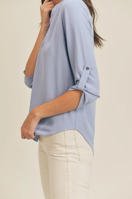 Womens Roll Sleeve V-Neck Top