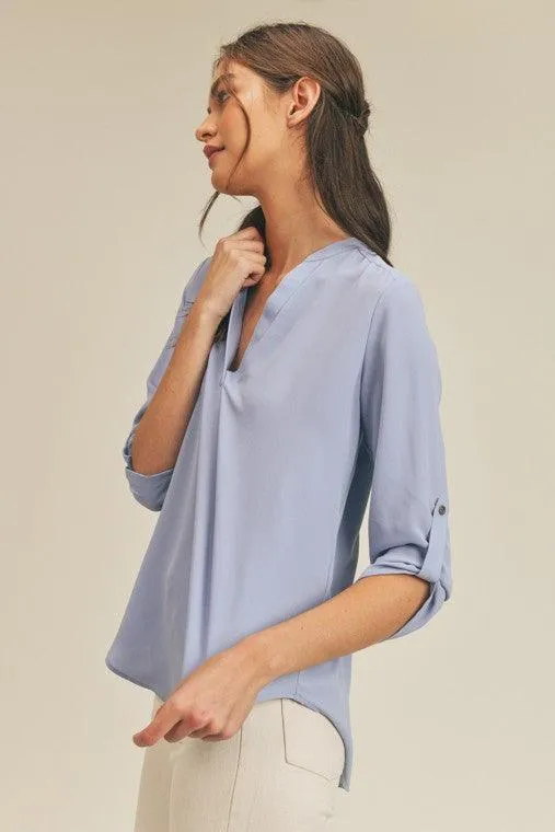 Womens Roll Sleeve V-Neck Top