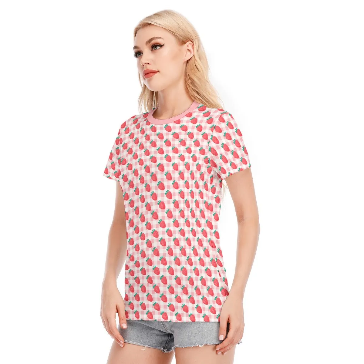 Women's tshirt, Strawberry T-shirt, Strawberry Tshirt, Strawberry Top, Pink Top, Pink gingham top,Women's Tops, Pink Top, Kawaii Top